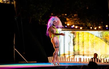 A male artist performing on stage.